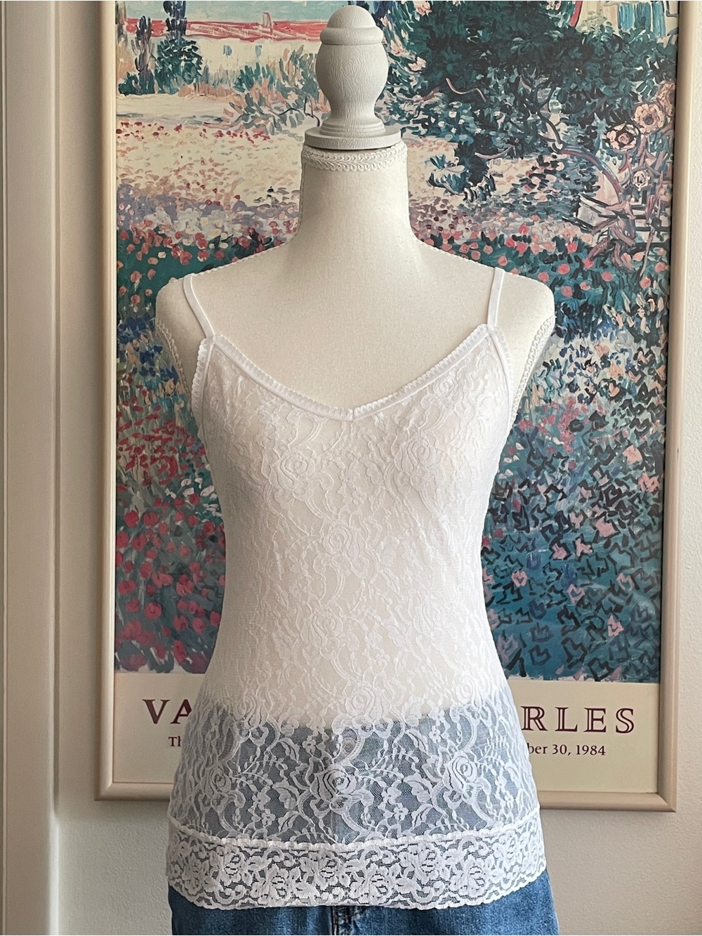 White Lace Tank Top Small Sheer Floral Scallop Hem Coquette Lingerie Boho Chic